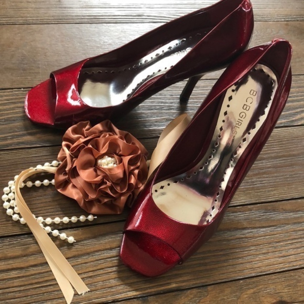 BCBGIRLS Ariel Gorgeous shiny red metallic open toe heels